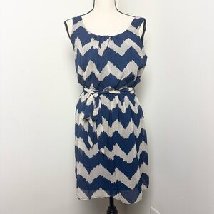 Lily Rose Blue And Tan Y2K Chevron Sleeveless Mini Dress Tie Waist V Back Size S